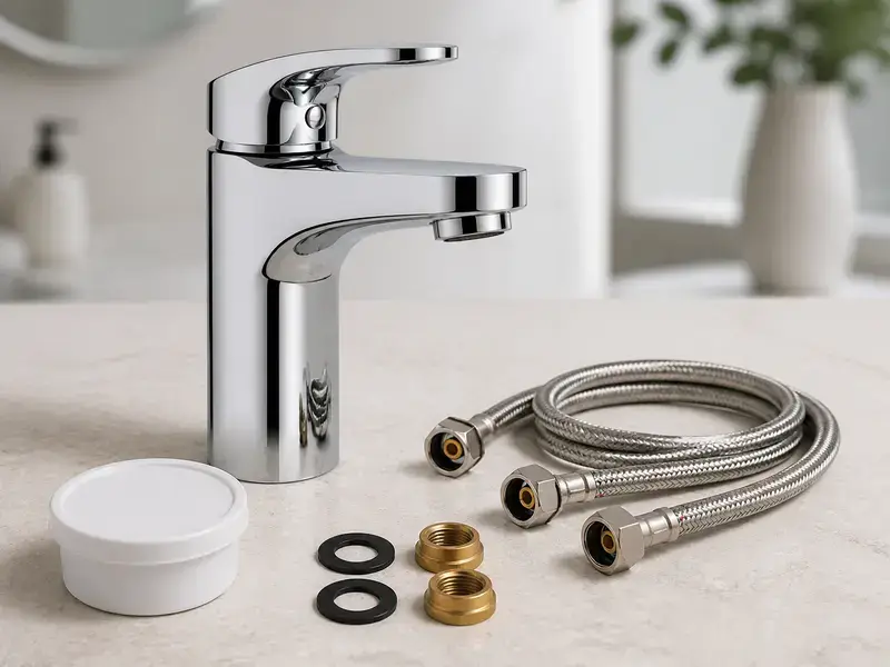 A faucet, supply lines, washers, and mounting hardware.