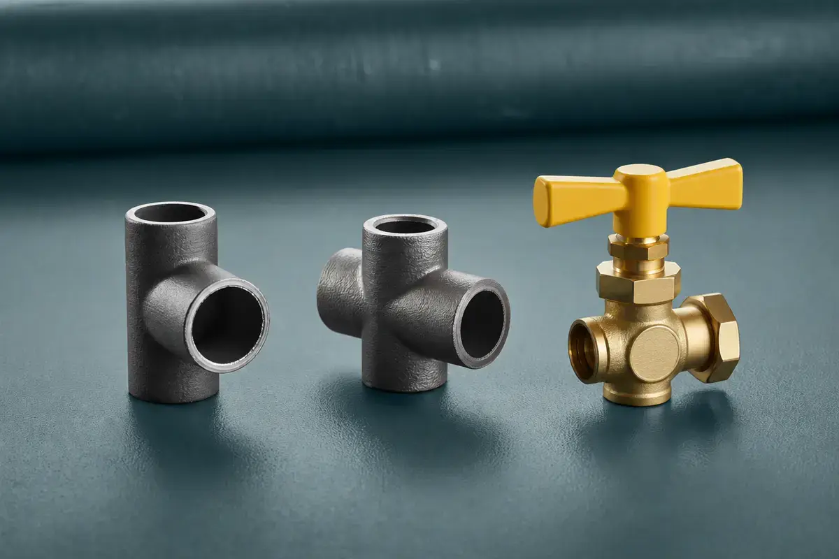 Unbranded black iron gas-line fittings and a yellow-handled shutoff valve shown as separate material samples.