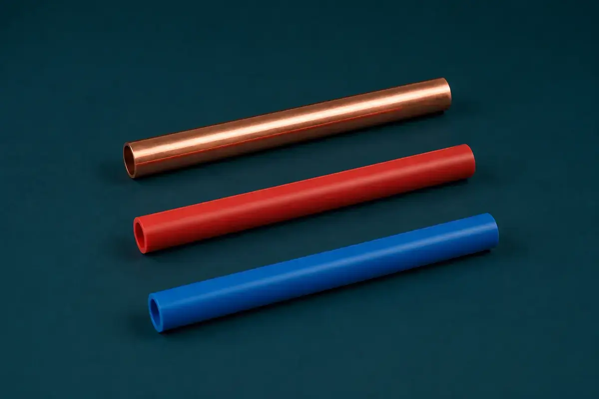 Three straight, separate pipe samples in copper, red PEX, and blue PEX.