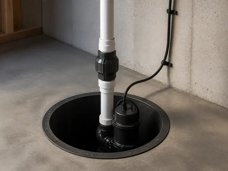 A generic sump pump in a clean basin.