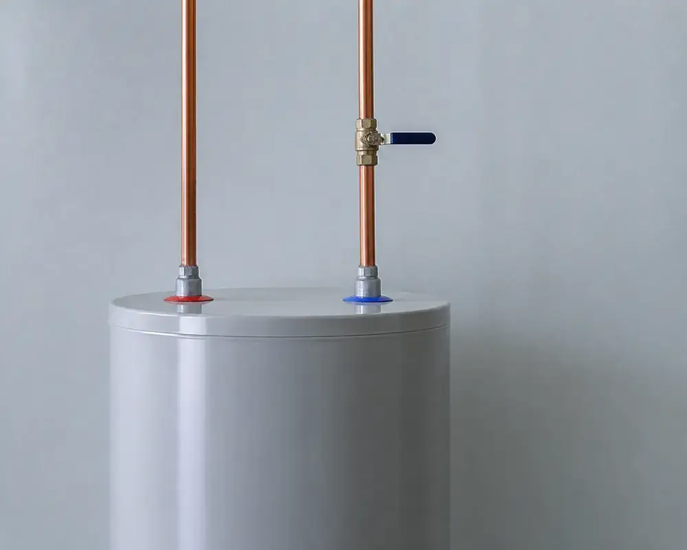 A generic tank water heater with copper top connections.