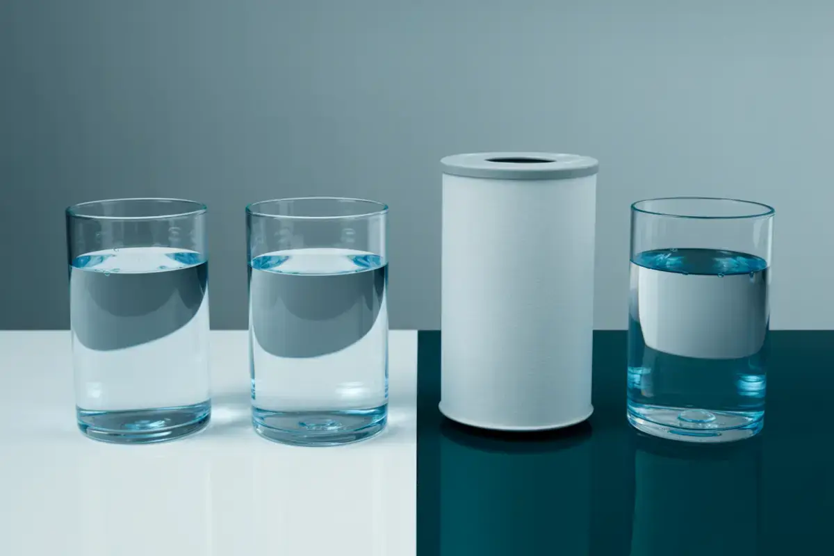 Three clear water-sample vessels beside a plain sediment-filter cartridge.
