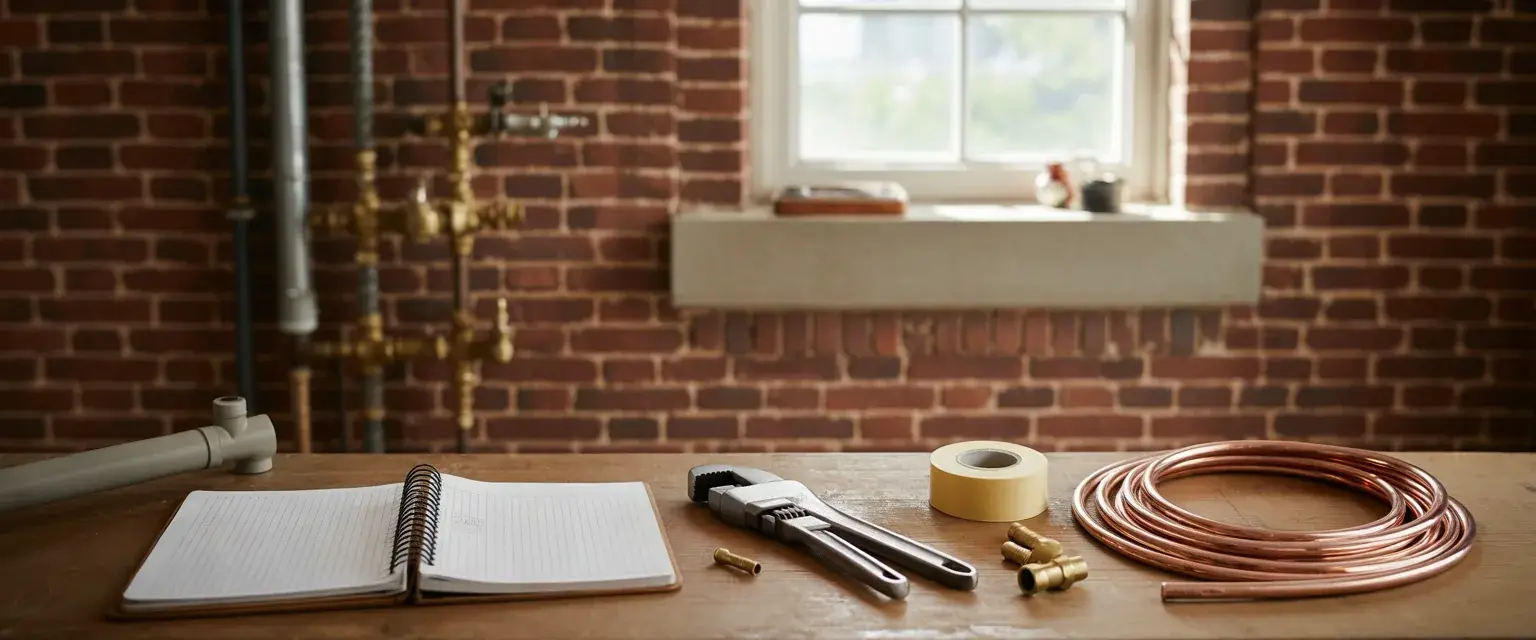 Plumbing tools, fittings, and a homeowner notebook on a workbench in a brick rowhome basement