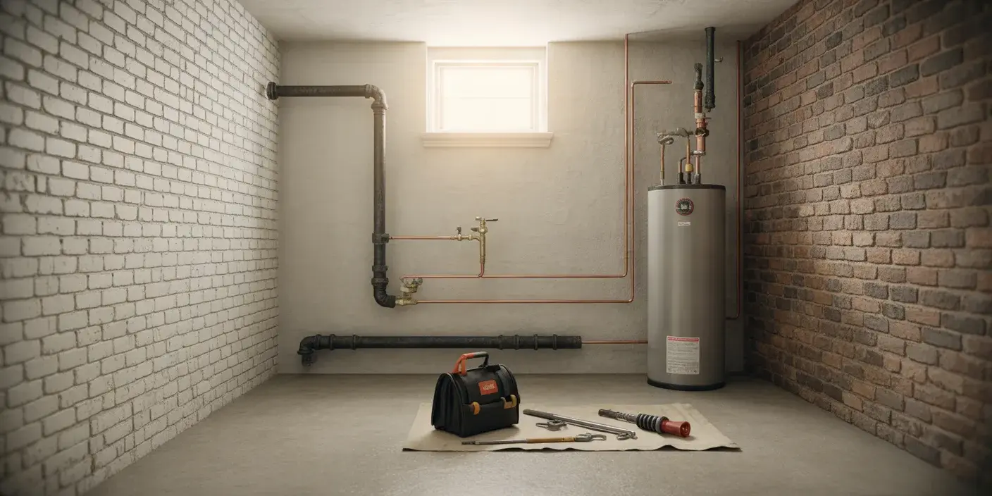 An old Philadelphia rowhouse basement with a water heater, copper lines, a cast-iron drain, and a plumber's tools on a drop cloth