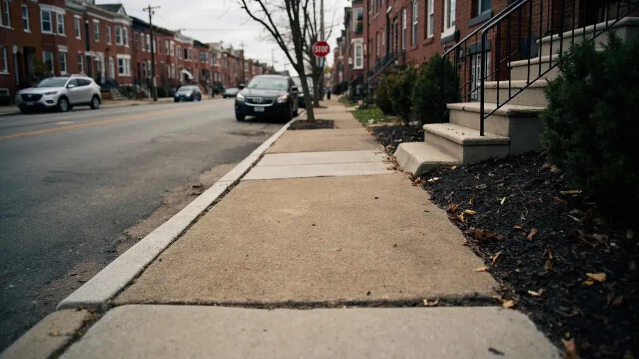 A Philadelphia rowhouse block with a fresh concrete sidewalk patch running from curb to front steps beside a strip of new grass seed