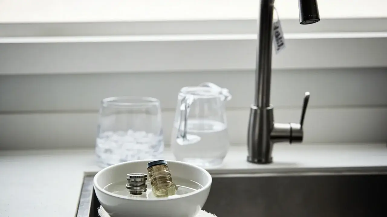 A kitchen faucet aerator soaking in a white bowl beside a glass pitcher of cold tap water