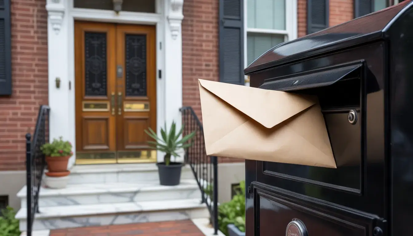 A plain envelope tucked into a black mailbox beside the wooden front door and marble steps of a Philadelphia brick rowhouse