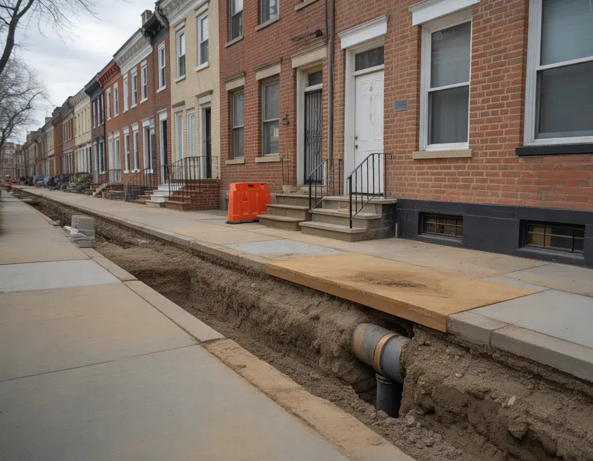 A sidewalk in front of Philadelphia brick rowhouses opened for a sewer lateral repair, with a section of pipe visible in the trench