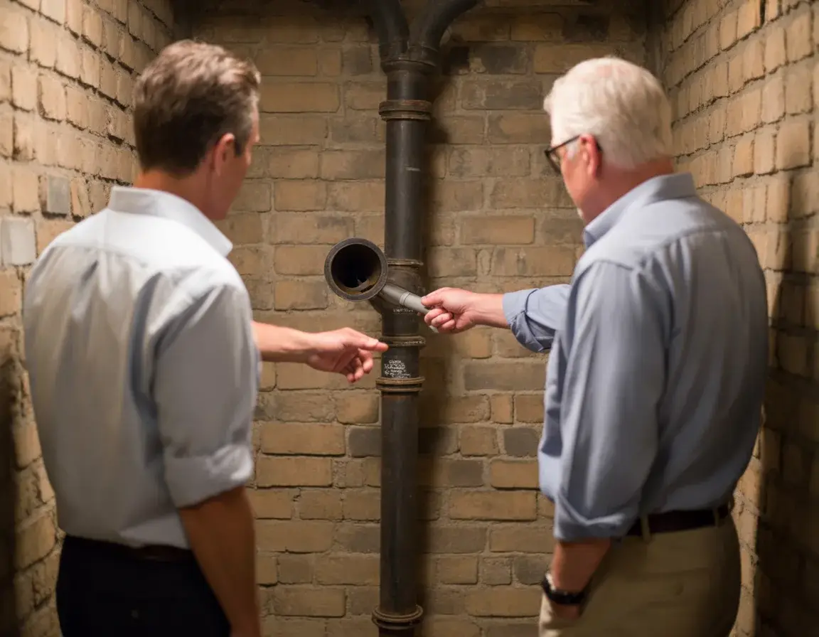 A plumber pointing out the cast-iron main drain to an older homeowner in a brick rowhouse basement
