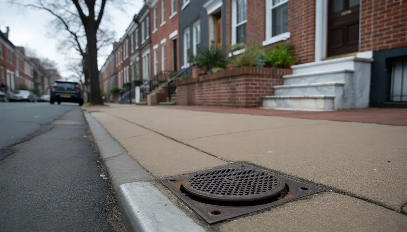 A Philadelphia red-brick rowhouse block with white marble front steps and a round perforated fresh-air inlet cover set in the sidewalk near the curb