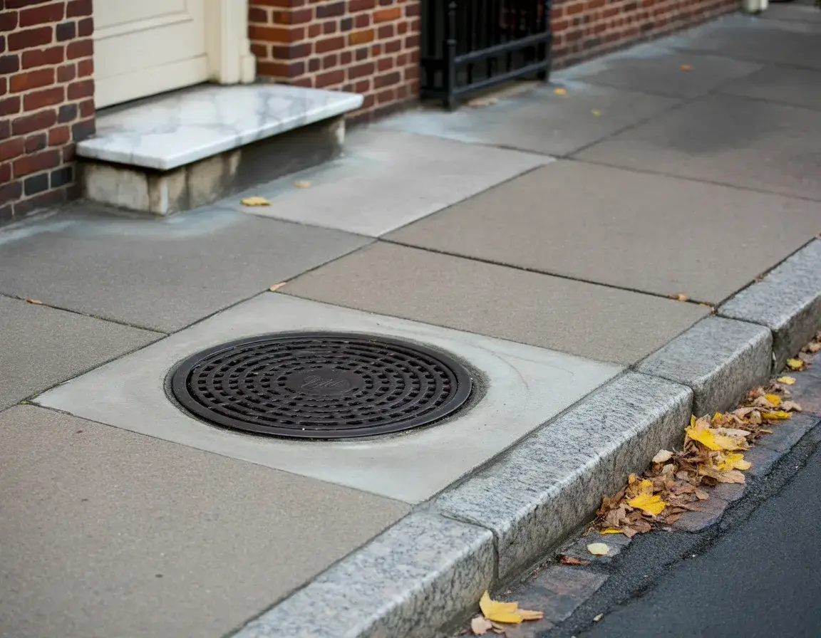 A round perforated cast-iron fresh-air inlet cover in a concrete sidewalk beside a granite curb and a rowhouse's marble step