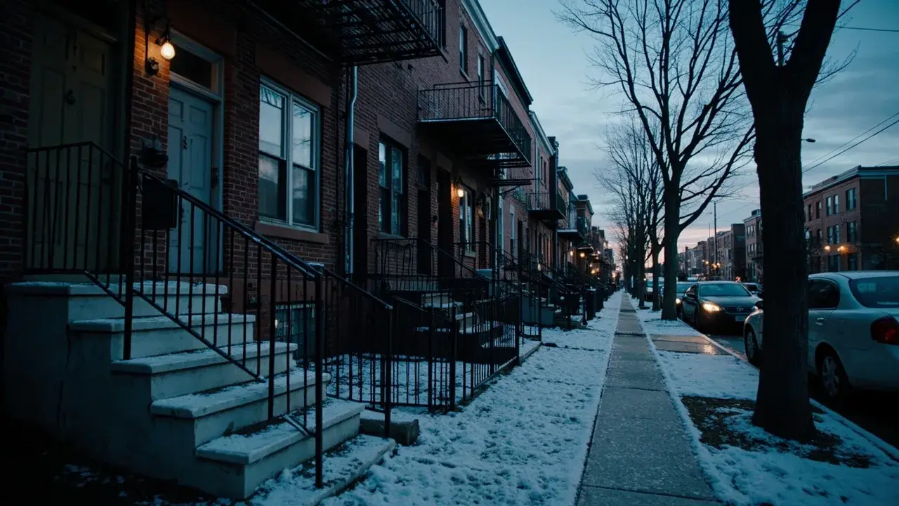 A Philadelphia red-brick rowhouse block at pre-dawn in winter with frost on the sidewalk and snow on the marble stoops.