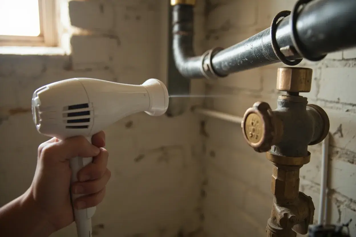 A hand aims a hair dryer at the air around a basement pipe and brass valve, the safe way to thaw a frozen pipe.