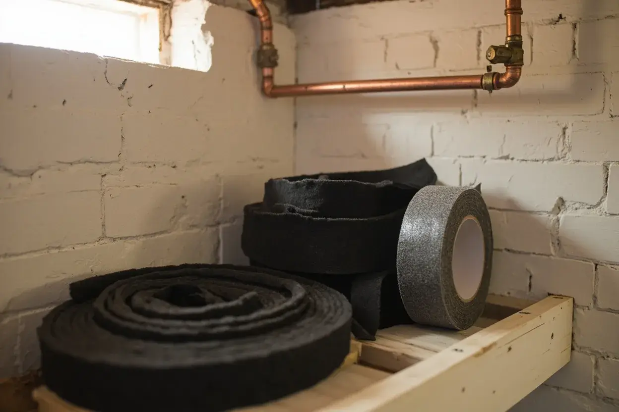 Black foam pipe-insulation tubes and a roll of foam tape stacked on a basement shelf beneath a copper pipe.