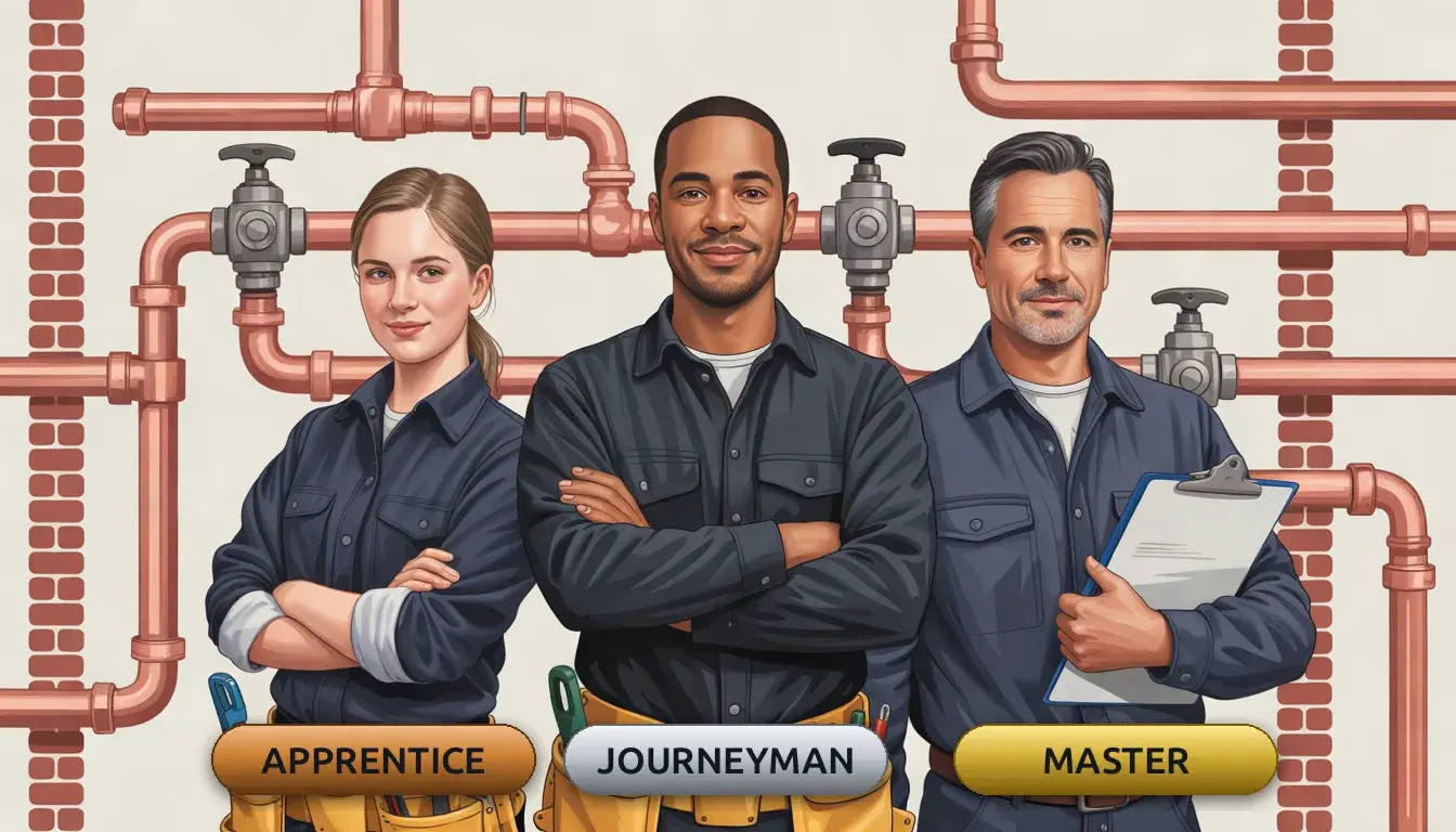 Illustration of three plumbers labeled Apprentice, Journeyman, and Master, standing in front of a pattern of copper pipes and brick