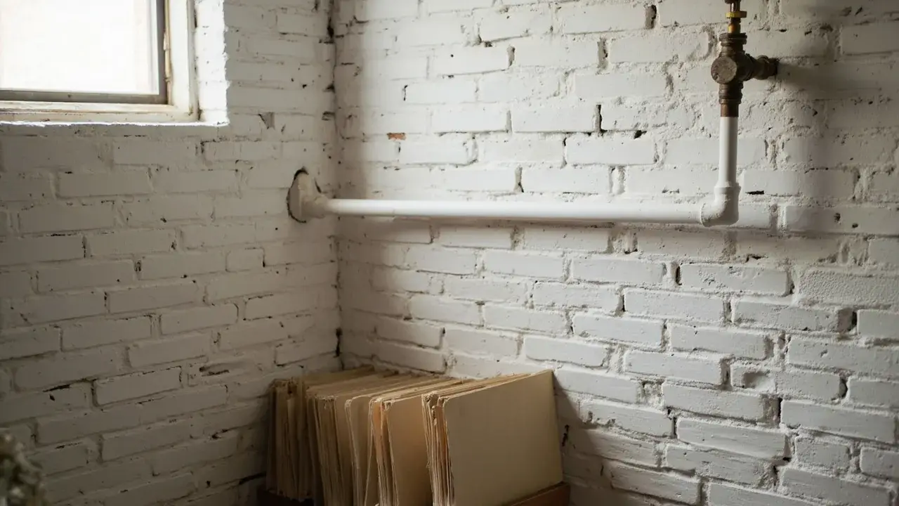 A whitewashed Philadelphia basement corner with a horizontal pipe, brass shutoff valve, and a stack of manila folders