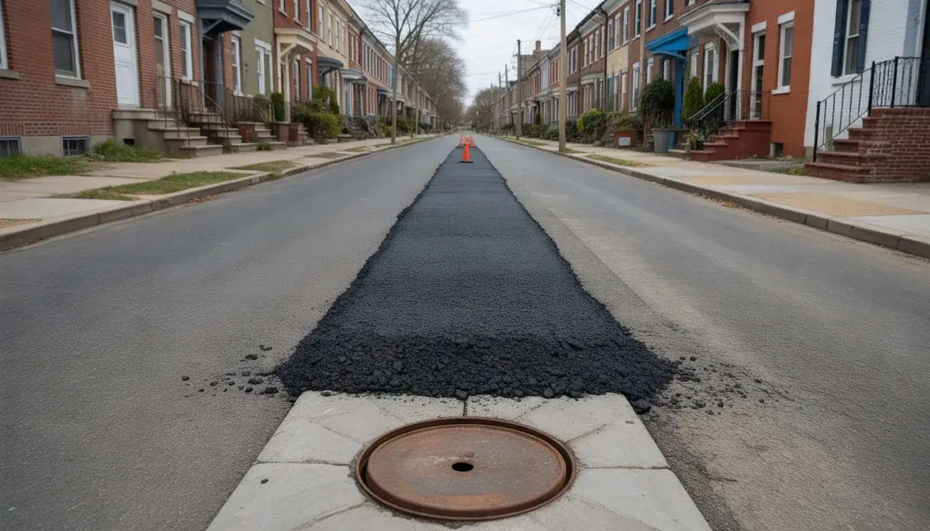 A Philadelphia rowhouse street with a fresh asphalt patch over a utility trench leading to a round curb box lid in the sidewalk