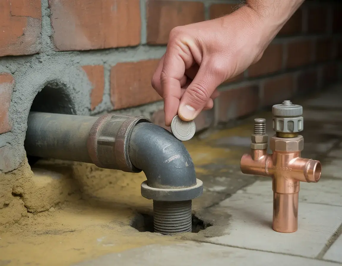 A hand scratching an old gray metal water service pipe with a coin where it enters a brick basement wall, next to a copper shutoff valve