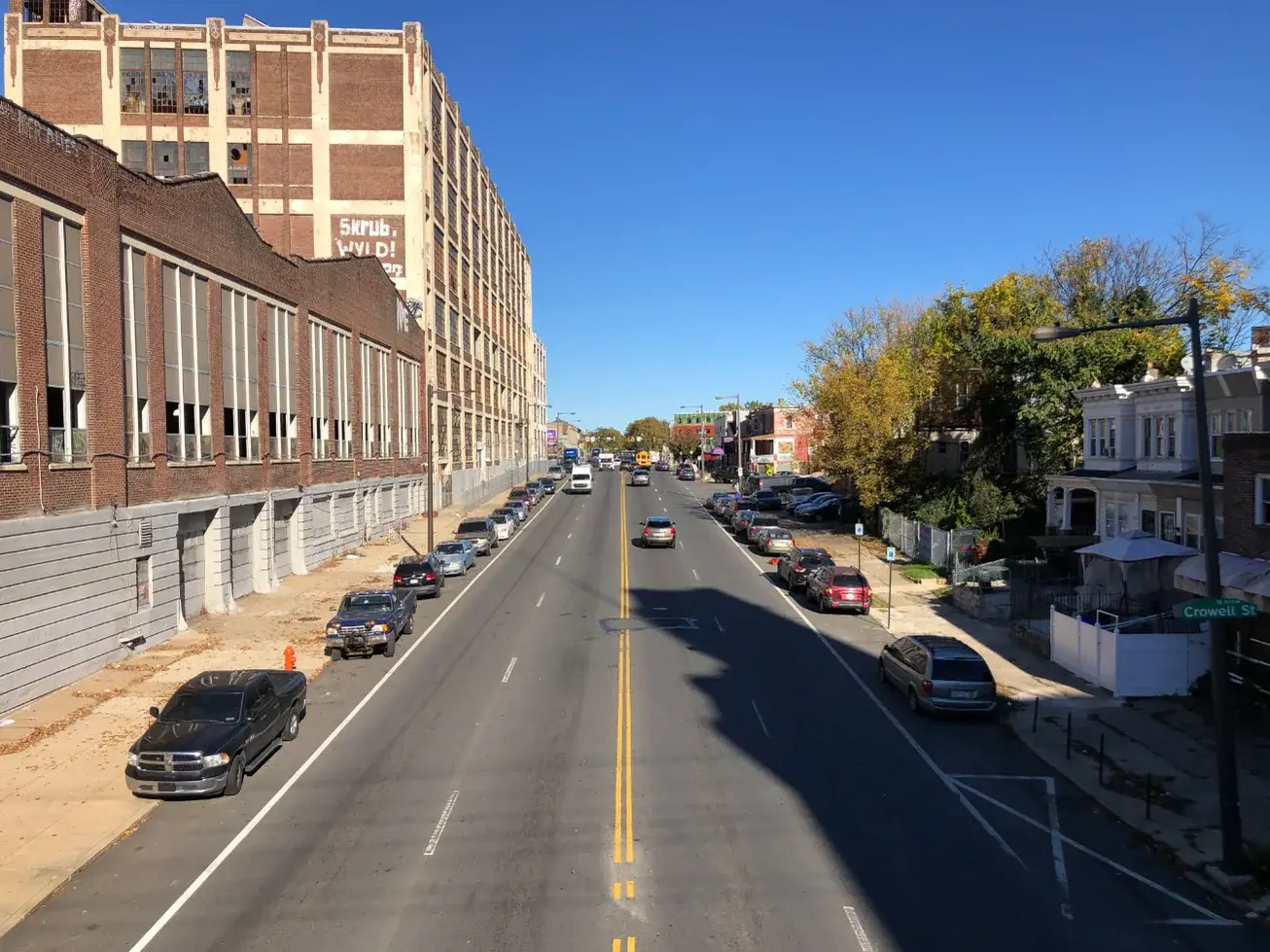 Rowhomes and a commercial corridor in Hunting Park