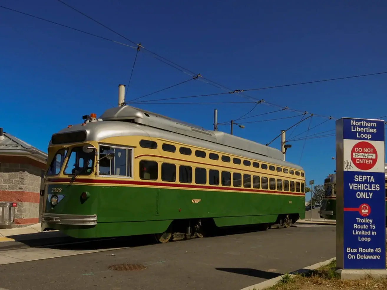 A restored trolley at night in Northern Liberties