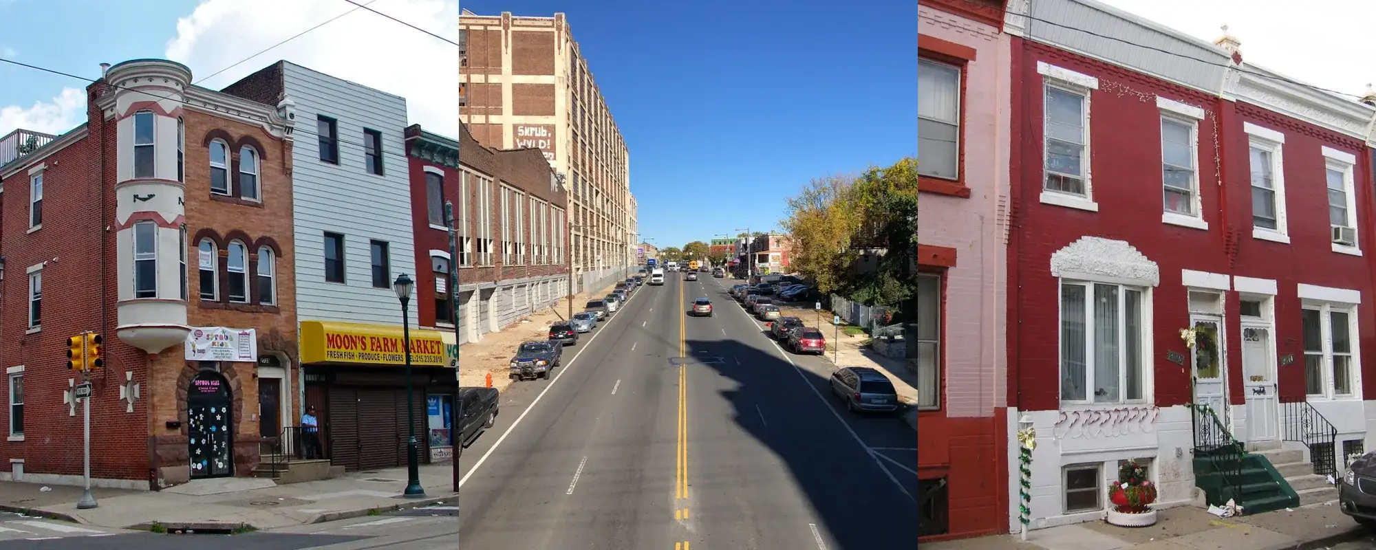 Brewerytown, Hunting Park, and Strawberry Mansion street scenes representing North Philadelphia