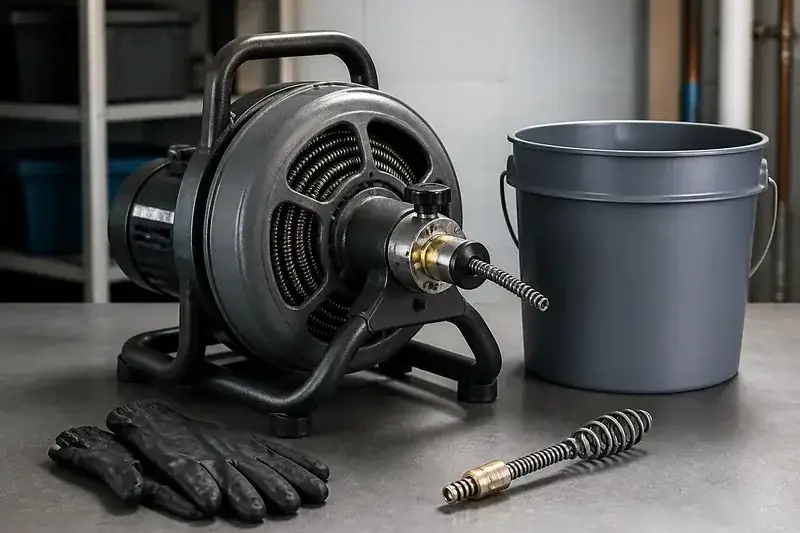 A drain-cleaning cable machine, bucket, gloves, and hand auger