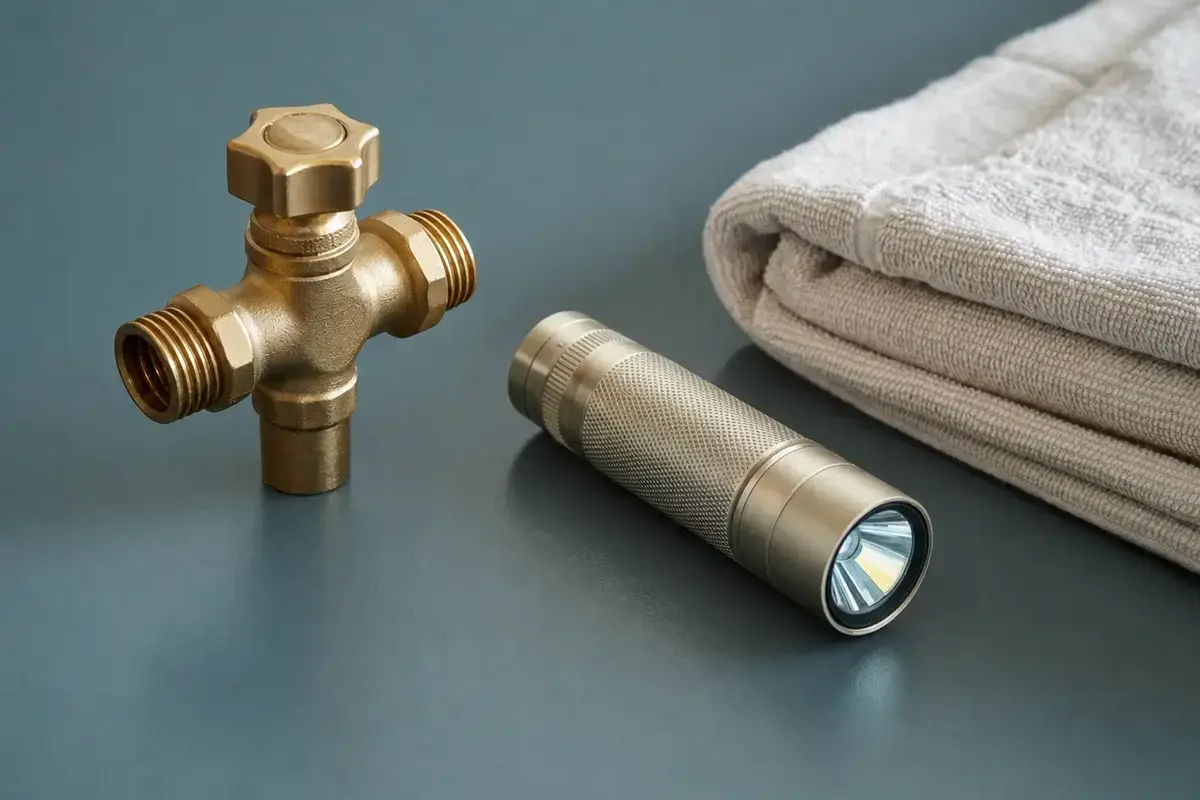 A shutoff valve, flashlight, and folded towel arranged for emergency plumbing