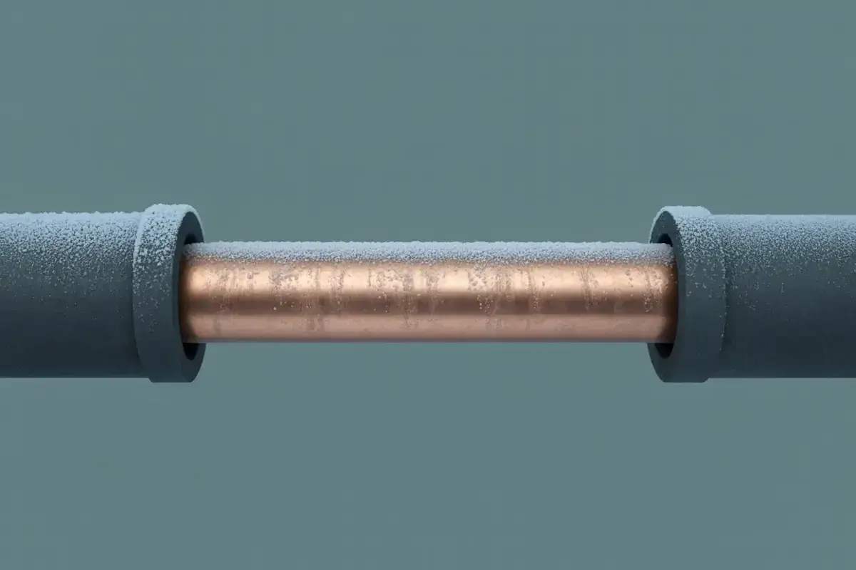 An insulated copper pipe with frost on the exposed center section