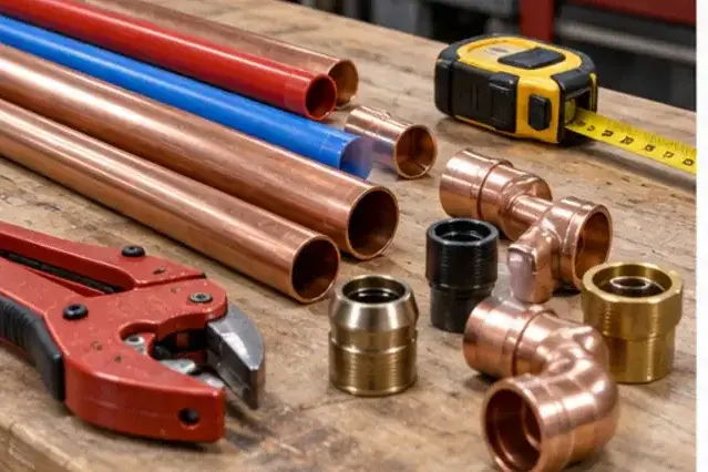Copper and colored pipe materials with measuring and cutting tools
