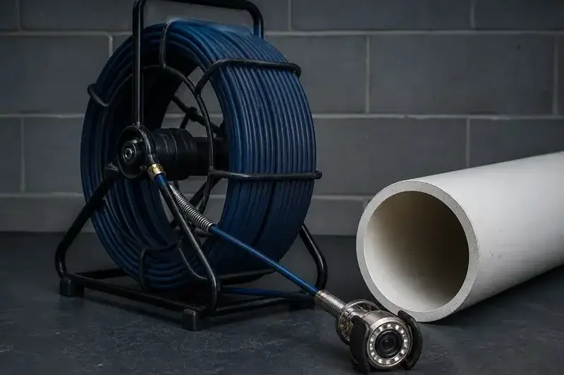 A sewer inspection camera and cable beside an open cleanout