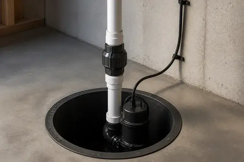 A sump pump installed in a clean basement basin
