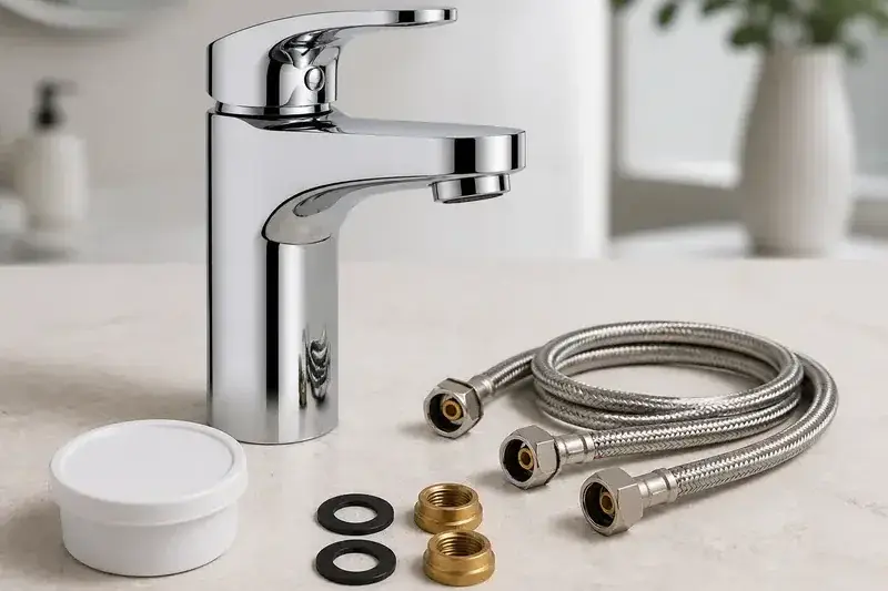 A faucet, supply lines, washers, and mounting hardware
