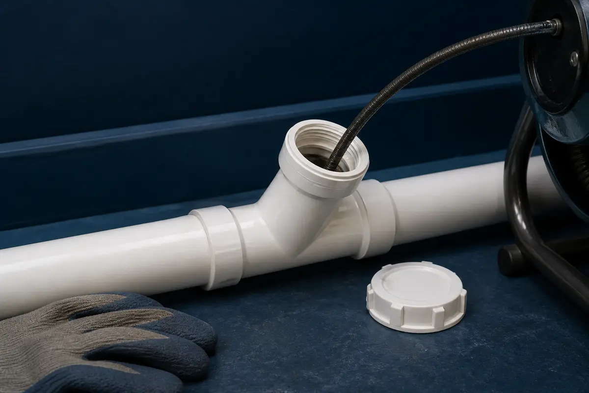 A drain-cleaning cable machine, bucket, gloves, and hand auger
