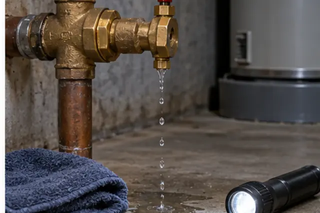 A shutoff valve, flashlight, and folded towel arranged for emergency plumbing