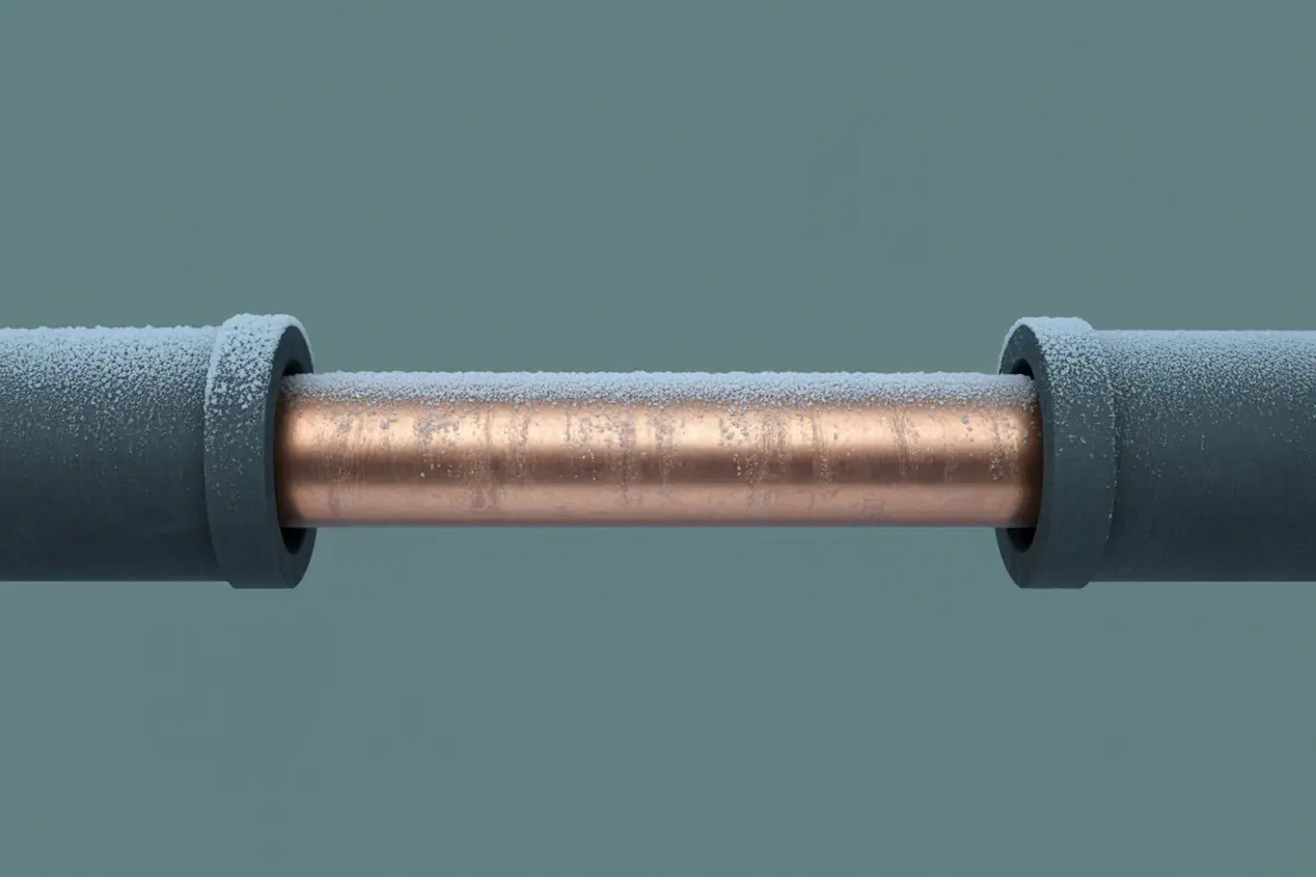 An insulated copper pipe with frost on the exposed center section