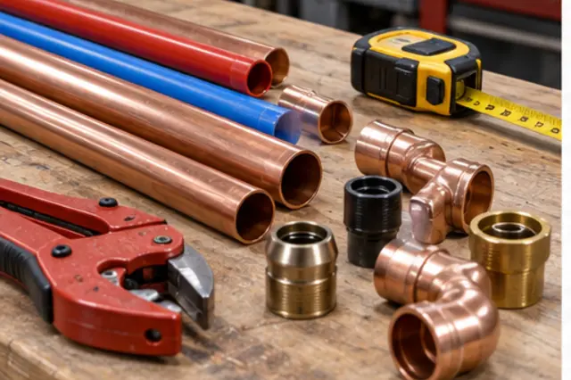 Copper and colored pipe materials with measuring and cutting tools