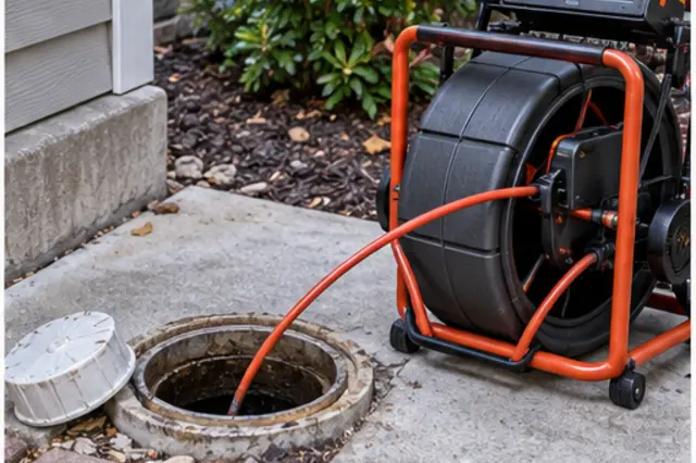 A sewer inspection camera and cable beside an open cleanout